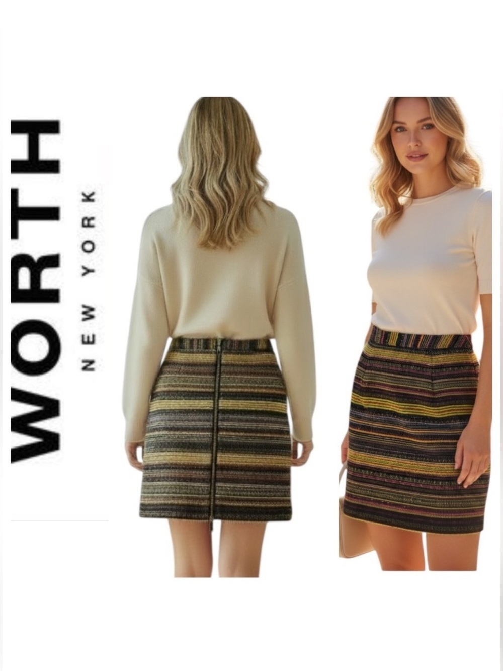 WORTH New York Tapestry Wool Blend Skirt Striped Tweed Double Back Zipper Sz 8
